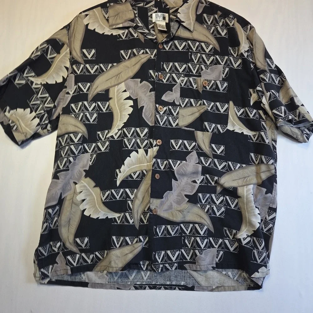 Modern Images XL 100% Silk Hawaiian Camp Shirt Black Beige Tropical Leaf Aloha